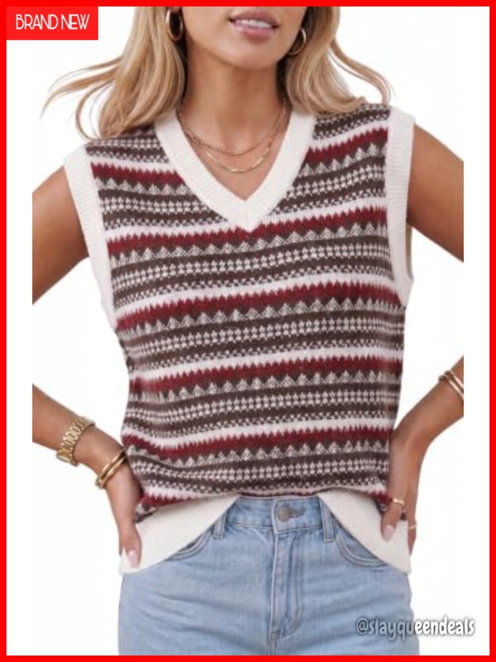 Wool Blend Sleeveless Knit Sweater Vest V-Neck Vintage Jacquard